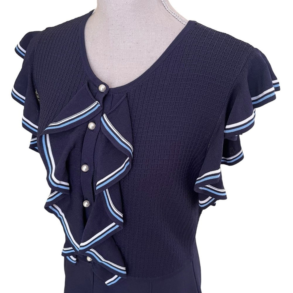 Lela Rose Pearl Navy Blue Ruffle Front Pearl Button Knit Dress L - Picture 7 of 16